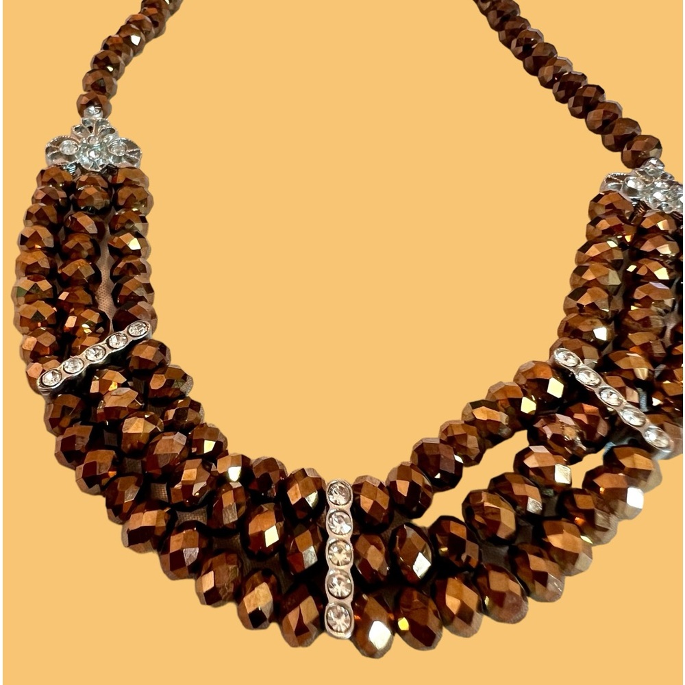 2028 Necklace Multi Strand Topaz Brown AB Rhinestones Signed EUC